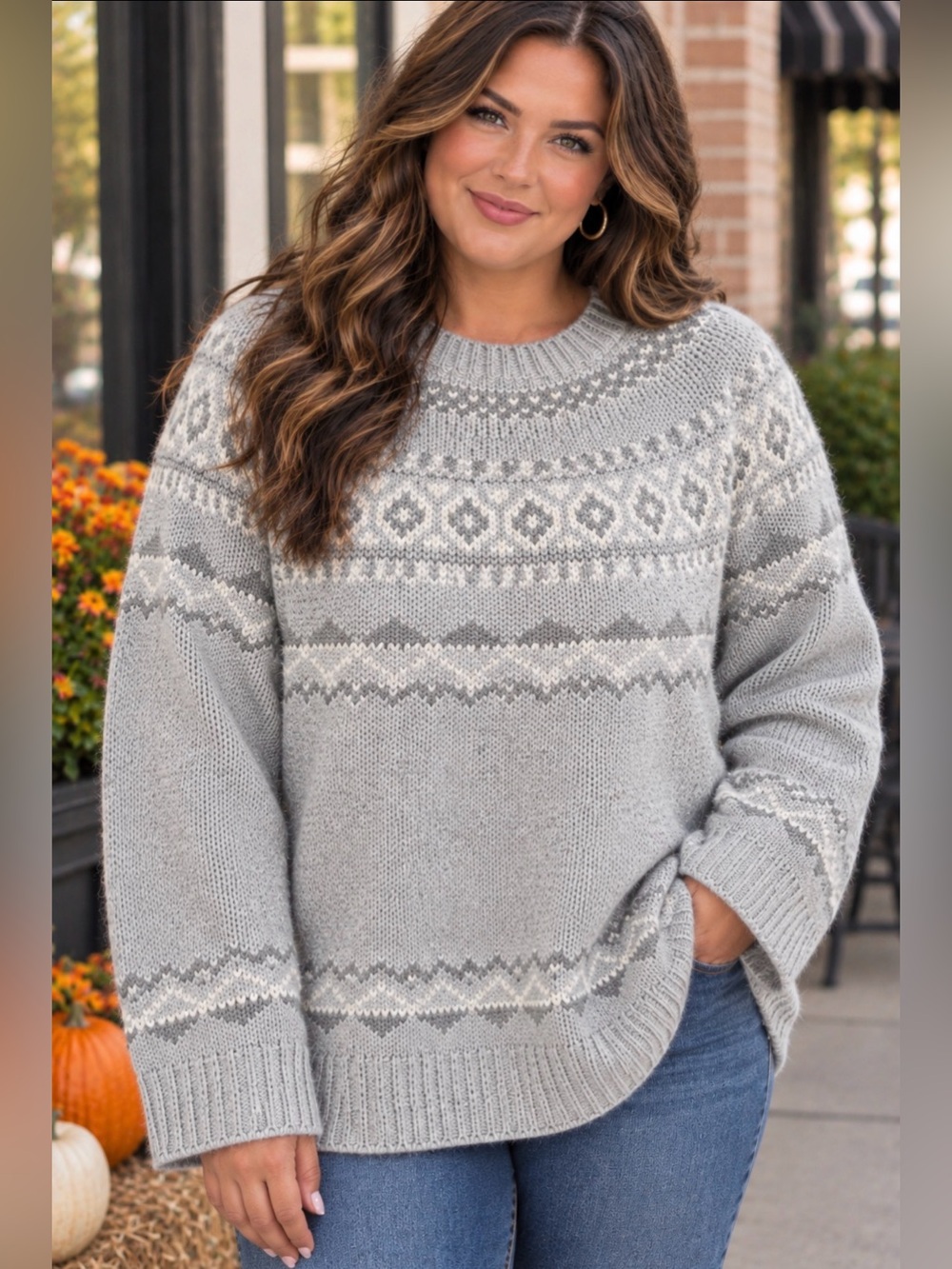 Calvin Klein Cozy Gray Fair Isle Knit Sweater Sz L